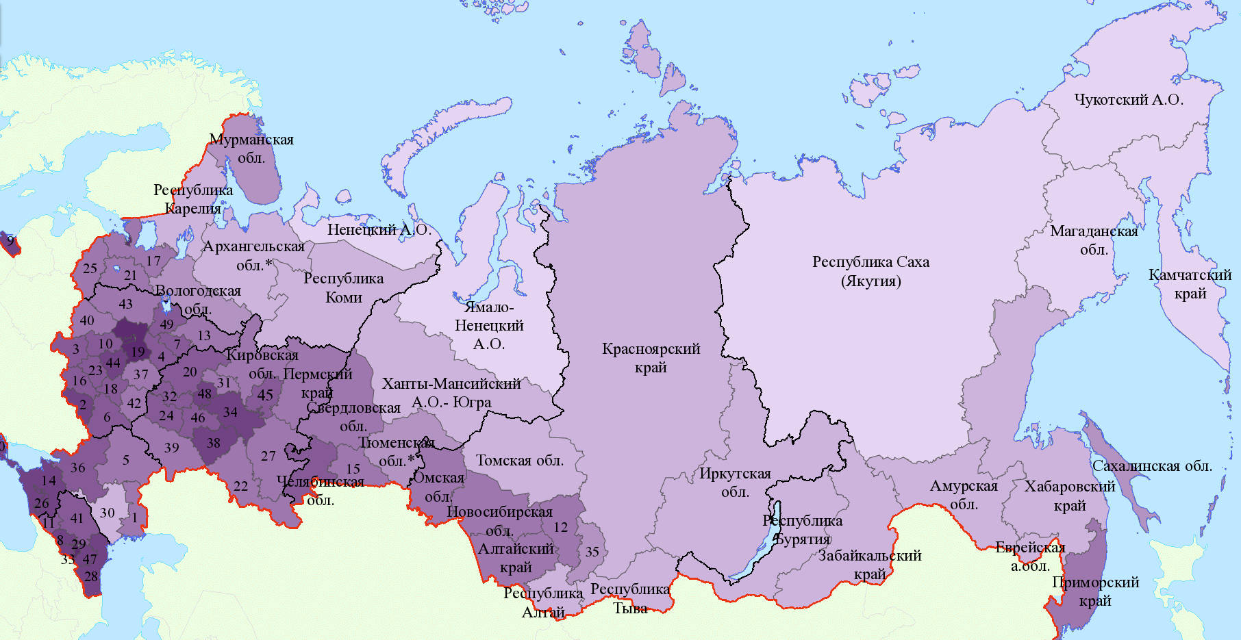 Карта России плотность населения по областям